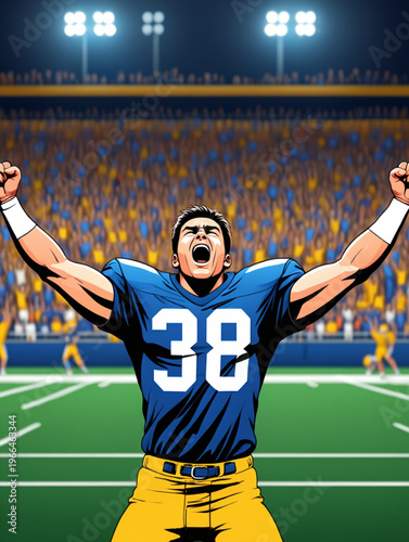 Football player celebrating a touchdown victory in a stadium