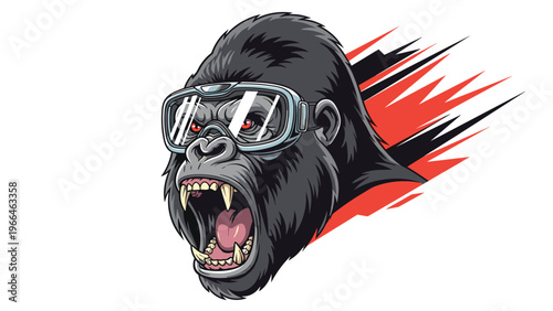 Aggressive illustration of a gorilla wearing tactical goggles with its mouth open in a roar against a dynamic red and black background.