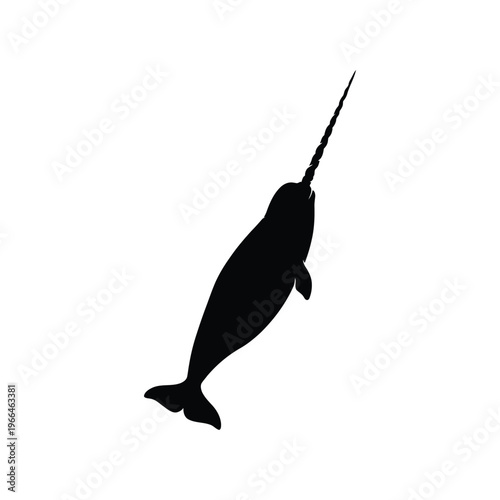 Black silhouette of a narwhal swimming upwards white background