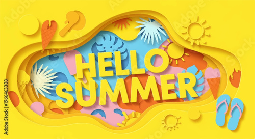 Vibrant hello summer greeting card with colorful beach elements on bright yellow background sunny symbols and flip flops perfect for seasonal invitations and festive summer