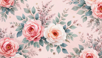 Watercolor floral pattern with roses, peonies, and eucalyptus leaves, soft pink background, romantic style