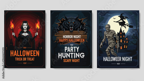 Set of three horror night Halloween party posters featuring classic monsters like a vampire queen, an angry werewolf, and a walking mummy.