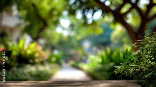 Lush Garden Path Blurred Background With Wooden Table Foreground.