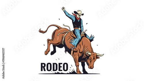 Traditional rodeo illustration showing a brave cowboy in western gear riding a powerful bucking bull during a competitive arena event.