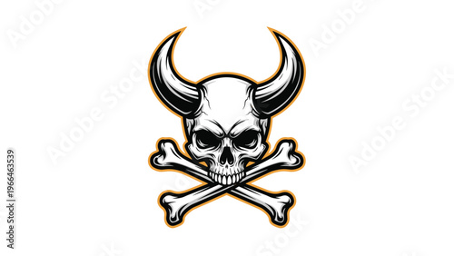 Bold graphic of a human skull with large curved bull horns and crossed bones at the base, outlined with a thin golden yellow border for impact.