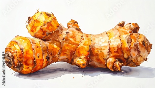 Watercolor Painting of Fresh Turmeric Root on White Background.