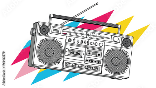Retro eighties boombox radio with a cassette player and large speakers against a background of colorful vibrant geometric triangle shapes.