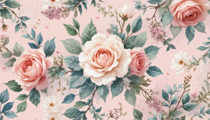 Watercolor floral pattern with roses, peonies, and eucalyptus leaves, soft pink background, romantic style