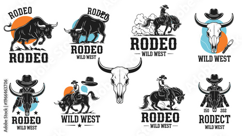 Collection of rodeo and wild west themed labels featuring angry bulls, cowboys on horses, and steer skulls for rustic western designs.