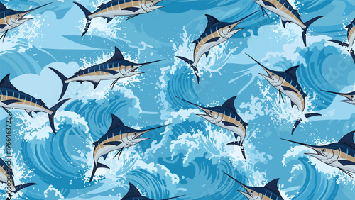 Dynamic pattern of marlin fish jumping and swimming through crashing blue ocean waves for sport fishing and marine life themes.