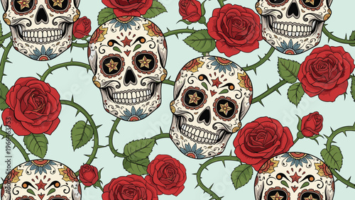 Romantic and dark pattern of decorated human skulls and vibrant red roses with thorny vines on a light blue background for tattoo art.