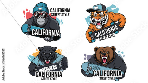 Set of cool animal characters including a gorilla, tiger, bear, and panther holding skateboards with California street style text.