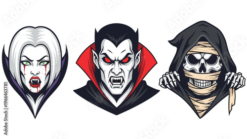 Trio of horror movie monster heads featuring a female vampire, count dracula, and a bandaged mummy in a colorful comic book style.