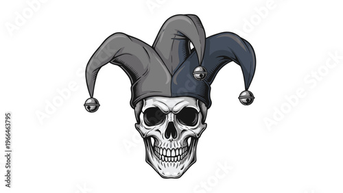 Human skull wearing a traditional two-colored jester hat with bells in a detailed hand-drawn illustration style for dark comedy themes.