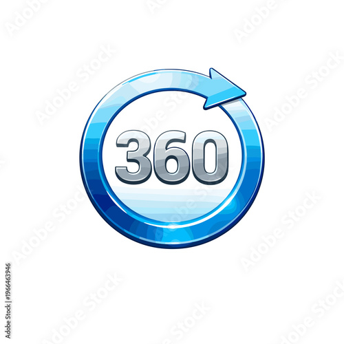 Sleek glossy blue 360-degree rotation icon featuring a dynamic arrow, representing expansive panoramic perspectives for immersive virtual reality