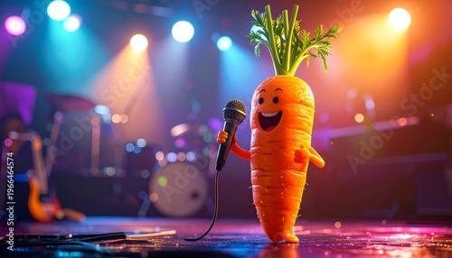 Whimsical Carrot Singer on Stage - A Humorous Vegetable Performance.