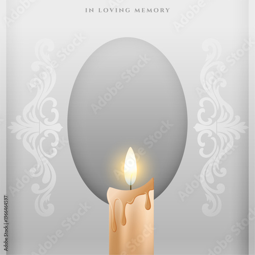 funeral memorial card with burning candle and empty photo frame