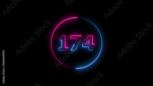 A circle animation, and glowing neon number 174 animation. on a black background. 4k video