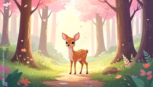 Whimsical Deer in a Dreamy Pink Forest Illustration.