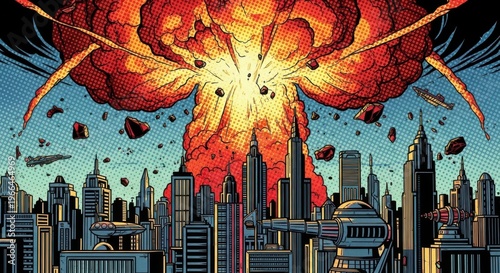 A cityscape faces destruction from an enormous explosion isolated on transparent background