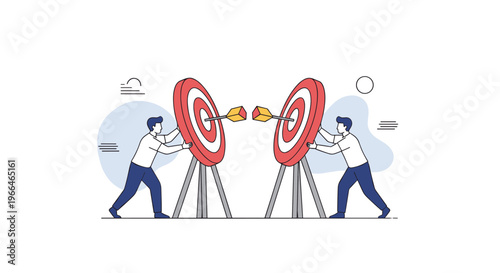 Two businessmen pushing large red target boards with arrows in center towards each other representing collaboration and shared business goals.