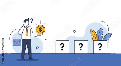 Businessman holding a gold dollar coin while contemplating several white boxes marked with question marks for investment choices and risks.