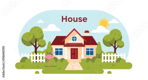 Charming suburban residential house with a red roof featuring a pink flamingo statue on a green lawn surrounded by trees and a white fence.