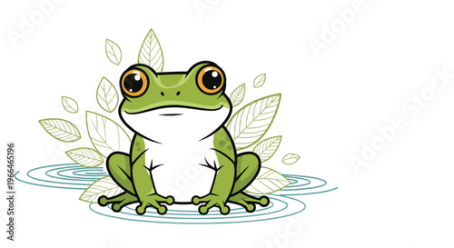 Illustration of a friendly green frog with large eyes sitting peacefully on a water surface surrounded by delicate floating green leaves.