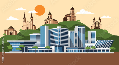 Contrast of modern urban skyline with sleek skyscrapers in front of traditional church buildings nestled on green hills under a bright sun.