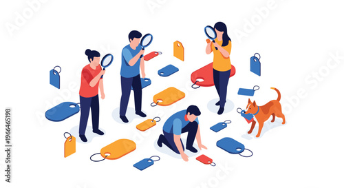 Group of people using magnifying glasses to inspect various colorful price tags on the ground representing data search and market analysis.