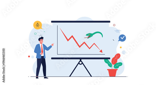 Worried businessman pointing at a presentation board with a sharp downward red graph being attacked by a snake representing market danger.