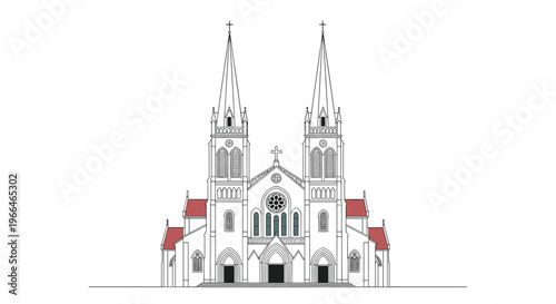 Detailed architectural drawing of a grand Gothic style cathedral with twin spires, intricate rose windows, and a classic red roof.