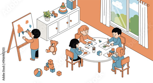 Group of young children participating in creative activities like painting on an easel and drawing at a round table in a colorful classroom.