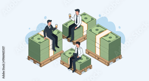 Group of businessmen sitting relaxedly on huge pallets stacked with green dollar bills celebrating high financial profit and business wealth.