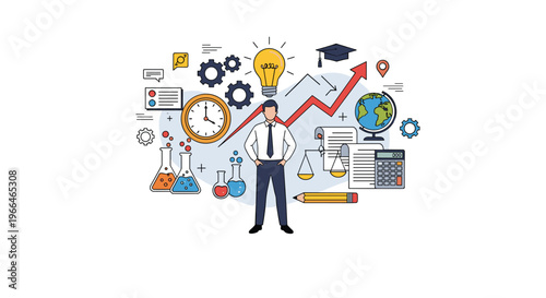 Competent professional standing amidst symbols of different disciplines like engineering, finance, law, science, and global business.