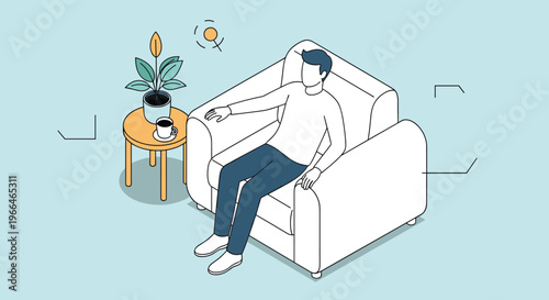 Person sitting comfortably in a large white armchair next to a side table with coffee and a potted plant for a peaceful home break.