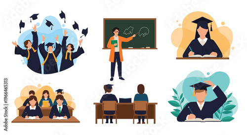 Educational scene icons featuring students in graduation gowns, a teacher at a blackboard, and individuals studying at their desks.