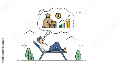 Man relaxing on a lounge chair outdoors while dreaming of financial growth, wealth, and successful investments in a thought bubble.