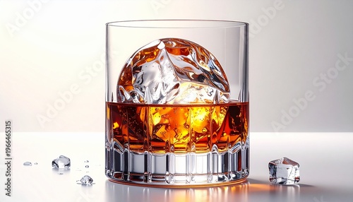 Whiskey in a glass with a large ice sphere.