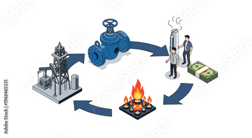 Isometric illustration of the oil and gas industry cycle from extraction at a rig to consumer use and profit generation in a loop.