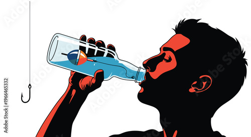 Creative silhouette of a man drinking water from a glass bottle that contains a fishing float and a hook inside on a white background.