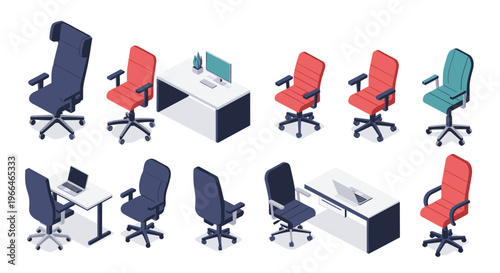 Detailed collection of isometric office furniture including different styles of ergonomic chairs and modern desks with computers.