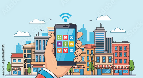 Human hand holding a smartphone with colorful app icons over a vibrant urban cityscape background with skyscrapers and clouds.
