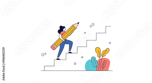 Simple line art illustration of a woman carrying a giant pencil while climbing a set of stairs towards her goals and future success.
