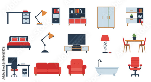 Flat icons of various home furniture pieces including beds, desks, lamps, sofas, wardrobes, kitchen tables, and bathroom fixtures.