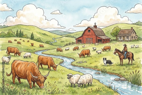 A watercolor painting depicting a idyllic farm scene with livestock, a red barn, a house, and a flowing creek
