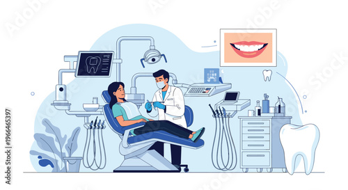 Modern dental clinic scene with a dentist treating a female patient in an office equipped with professional tools and chair.