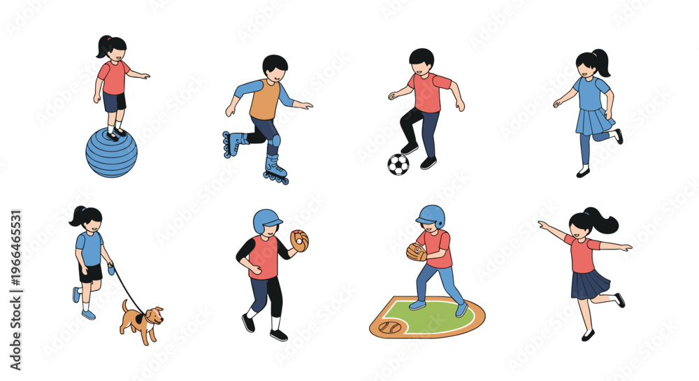 Fototapeta premium Diverse children participating in various outdoor sports and activities like soccer, skating, and walking a dog.