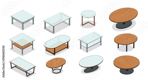Collection of various modern coffee table designs in isometric view featuring high-quality glass and wooden materials.