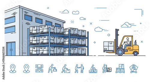 Industrial warehouse scene with a professional forklift driver moving boxes near high storage racks and a logistics building.
